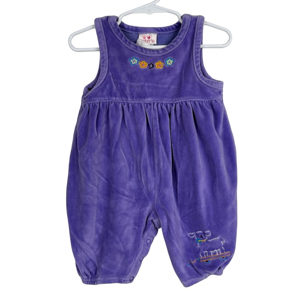 Vtg 90s Carter's Purple Velvet Jumpsuit Flowers Girls - 3-6 Months